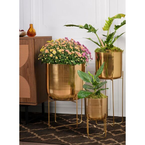 14" Diameter 24"Tall Serene Spaces Living Modern Metal Indoor Planter With Stand - Picture 3 of 5